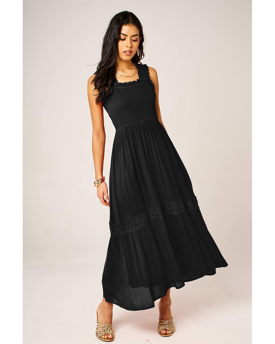 FS Collection Black Shirred Bodice Tiered Midi Dress With Lace Trim