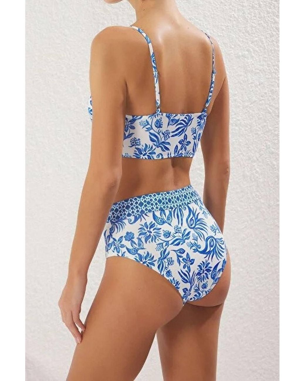 WOVCOR Blue Floral Print Triangle Bikini Set W/ High Waist Bottoms