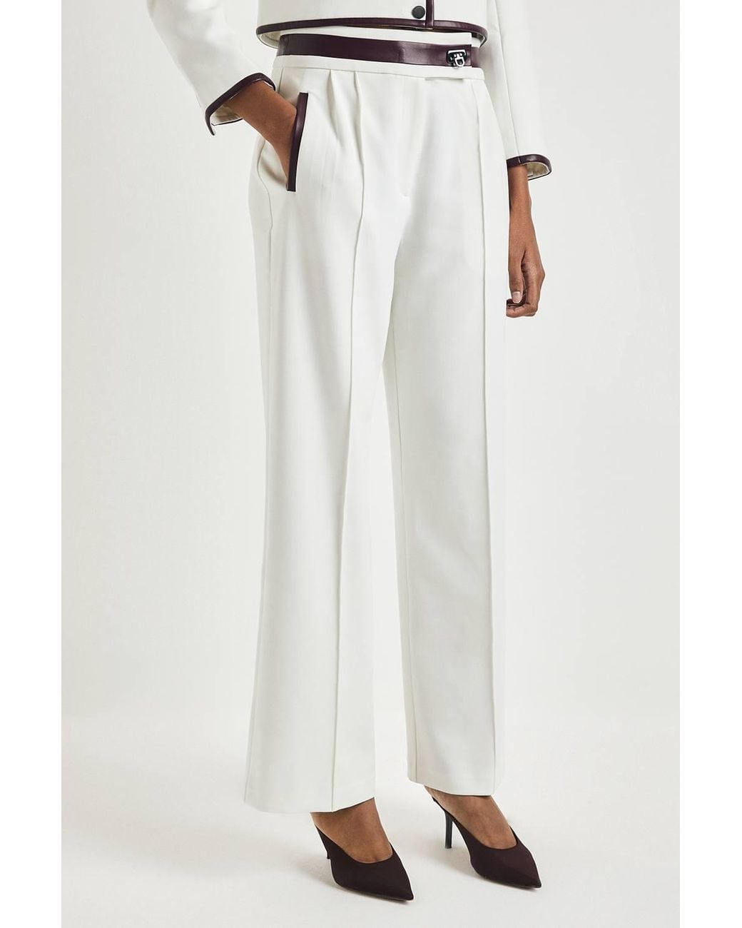 Karen Millen White Compact Stretch & Pu Turn Lock Detail Wide Leg Tailored Trouser