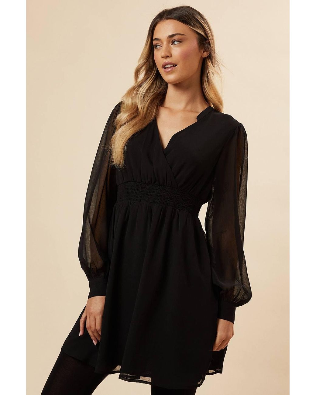 Dorothy Perkins Black Chiffon Long Sleeve Shirred Waist Mini Dress