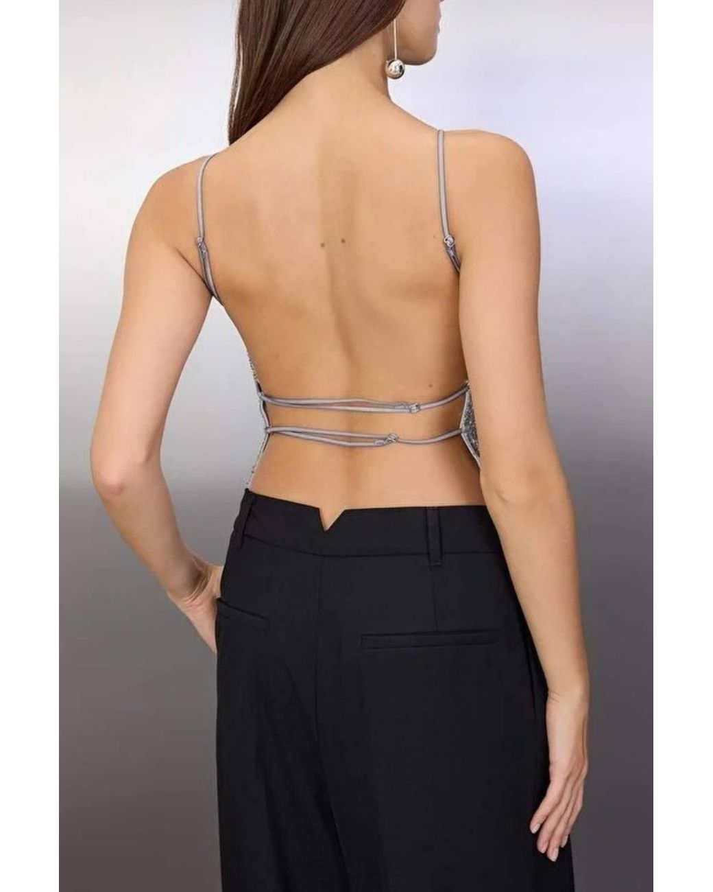 WOVCOR Gray Sequin Strappy Open Back Halterneck Top