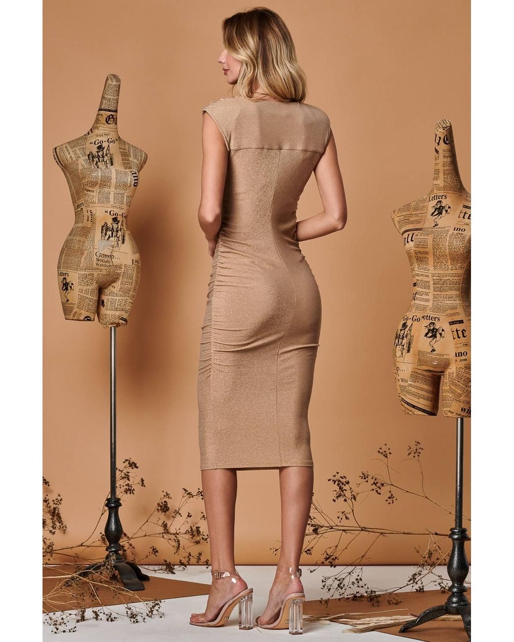 Jolie Moi Brown Metallic Sparkly Ruched Bodycon Dress