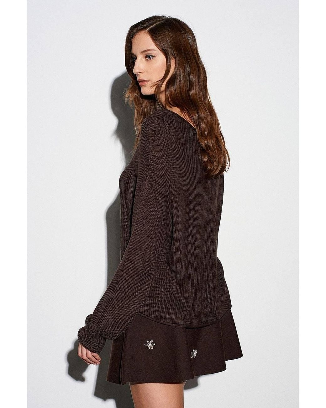 Dilvin Brown Ribbed Boat Neck Knit Sweater