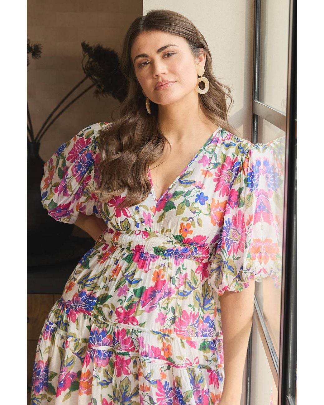 Izabel London Pink Floral 1/2 Puff Sleeve Midi Dress