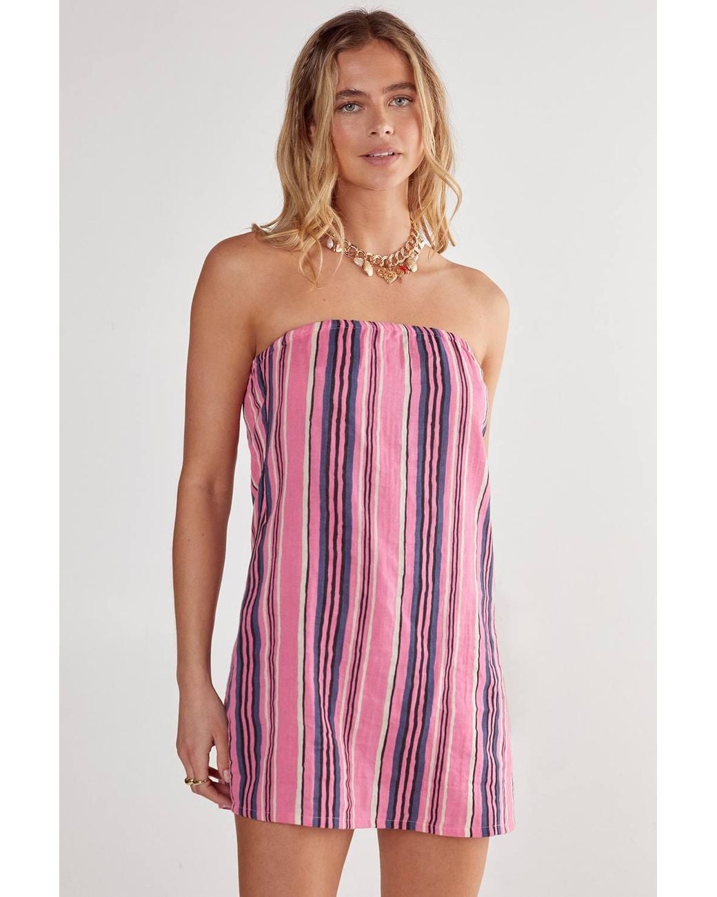 Nasty Gal Pink Cotton Gauze Stripe Bandeau Mini Dress