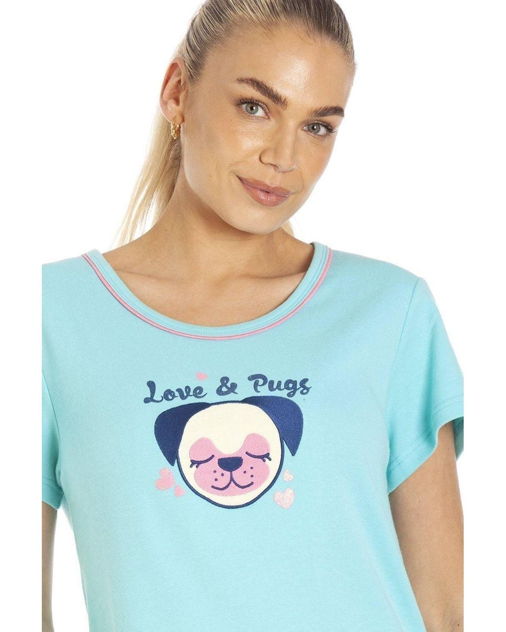 CAMILLE Blue Short Sleeve Pug Summer Nightdress