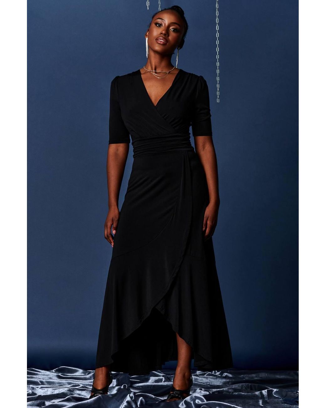 Jolie Moi Blue Wrap Front Frill Hem Maxi Dress