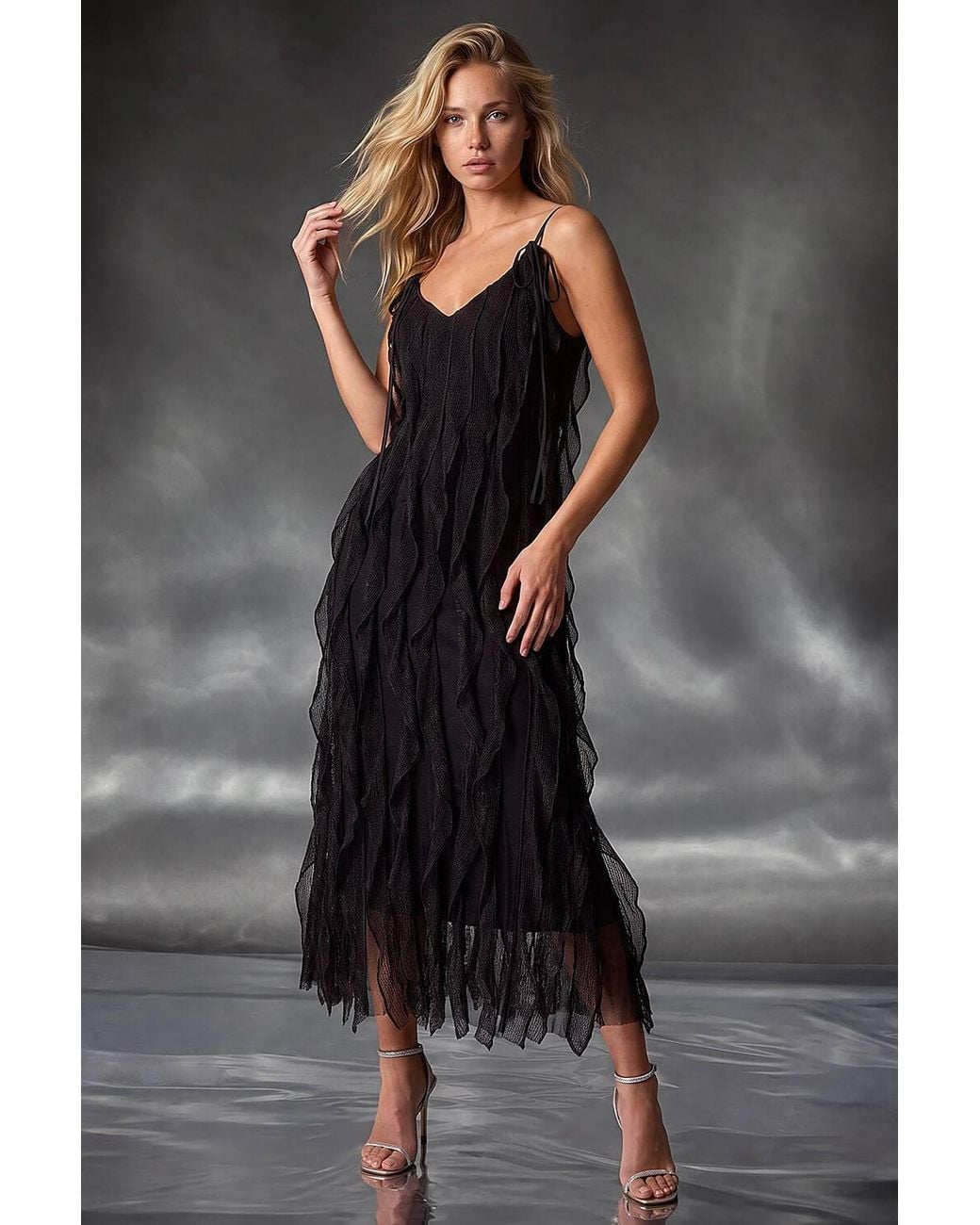 D.u.s.k Black Frill Stretch Maxi Dress