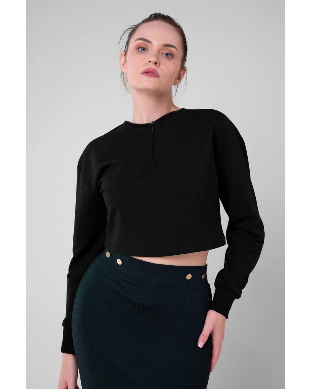 Enorsia Black Drop Shoulder Half Zip Crop Top