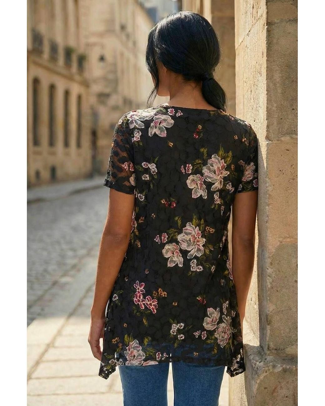 Roman Brown Floral Print Lace Stretch Top