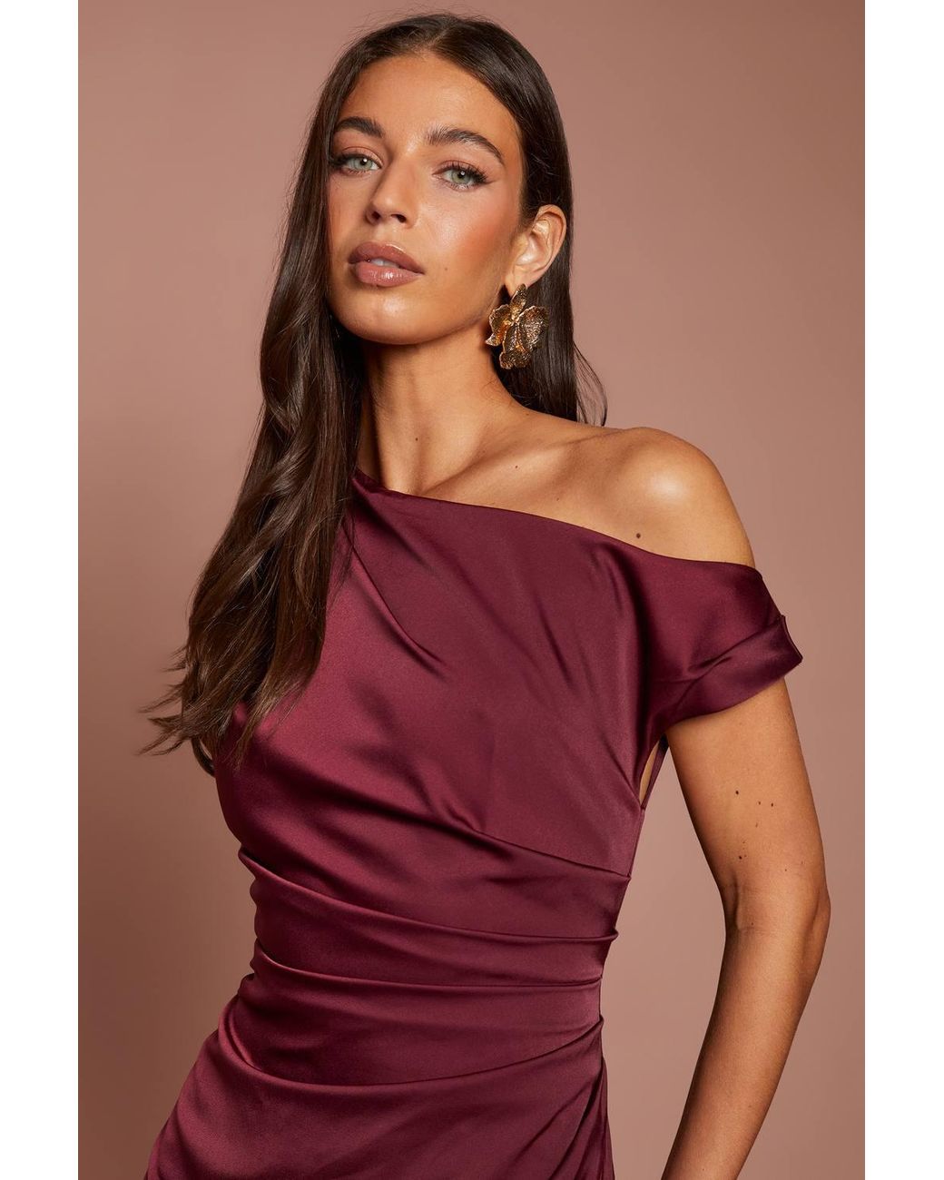 Coast Red Off Shoulder Satin Side Tie Midi Dress