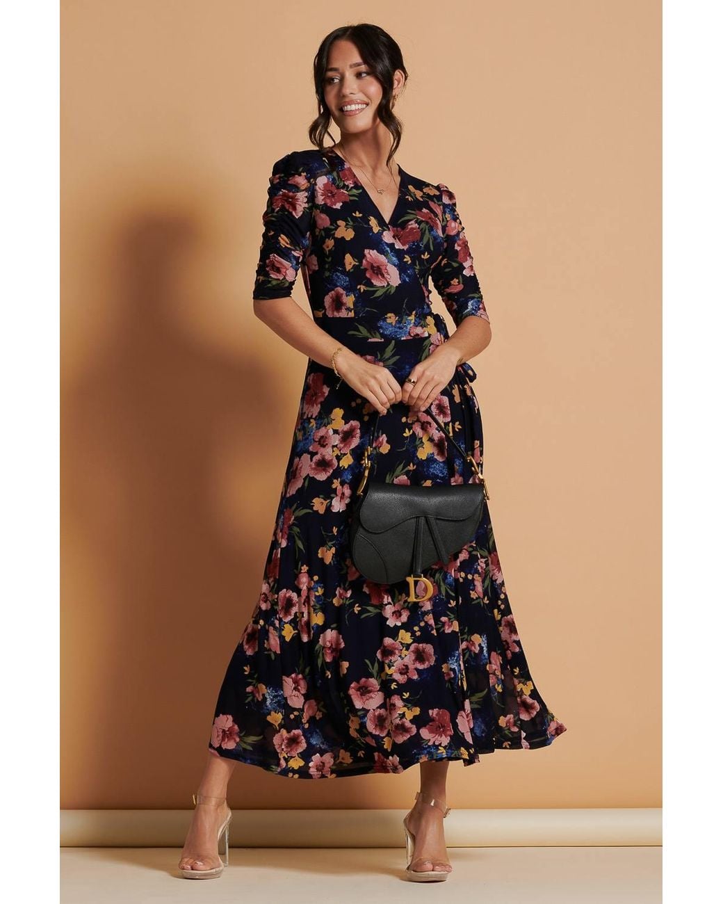 Jolie Moi Blue Qaliyah Wrap Front Mesh Maxi Dress