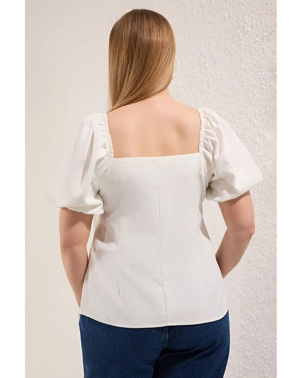 WOVCOR White Square Neck Button Detail Puff Sleeve Top