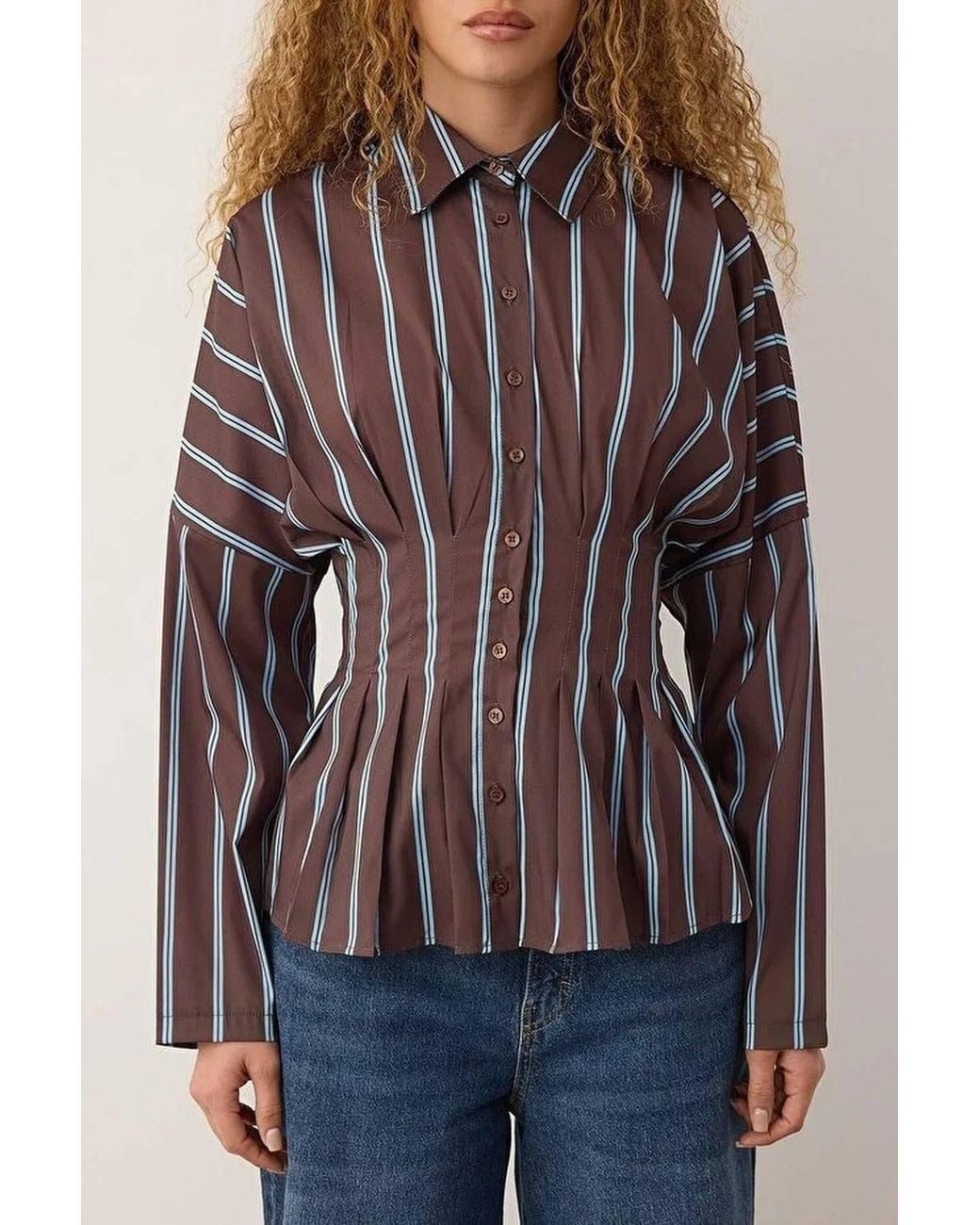 WOVCOR Multicolor Stripe Print Waist Fitted Button Through Shirt
