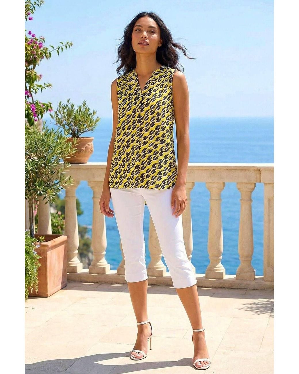 Roman Yellow Geo Print Pleat Front Vest Top