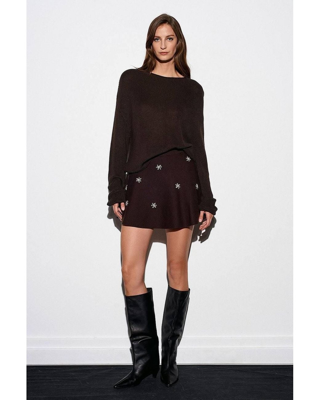 Dilvin Brown Ribbed Boat Neck Knit Sweater
