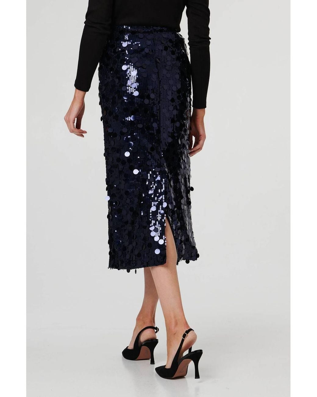 Izabel London Black Sequin Embellished Straight Midi Skirt