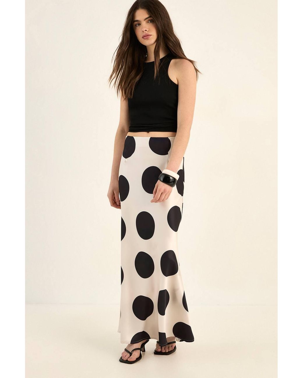 Nasty Gal Natural Satin Polka Dot Bias Maxi Skirt