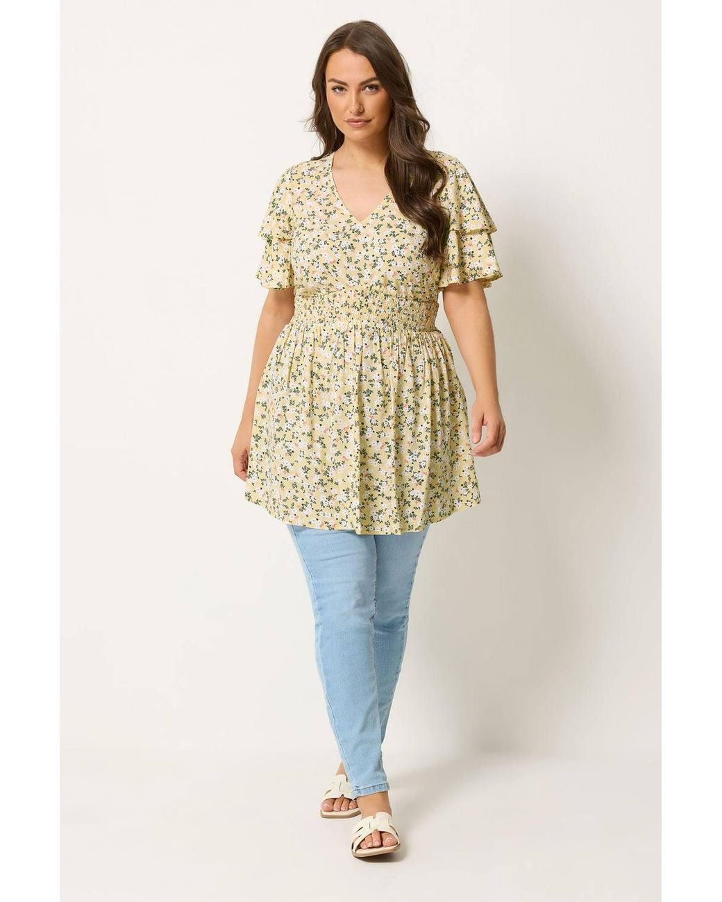 Yours Yellow Ditsy Print Flutter Sleeve Top