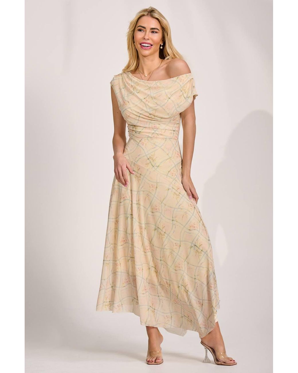 Jolie Moi Natural Asymmetric Draped Mesh Maxi Dress