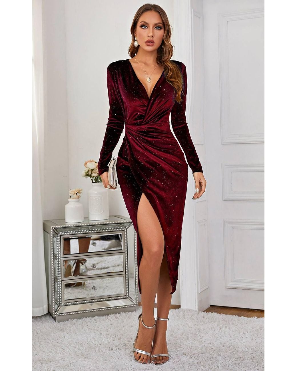 FS Collection Red Star Night Sky Velvet Wrap Long Sleeve Midi Dress