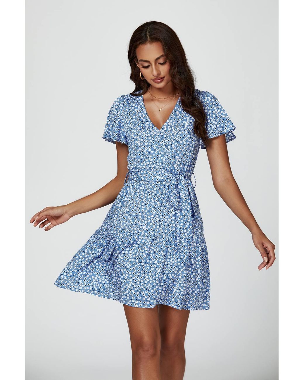 FS Collection Blue Floral Print Hem Tiered Wrap Mini Dress