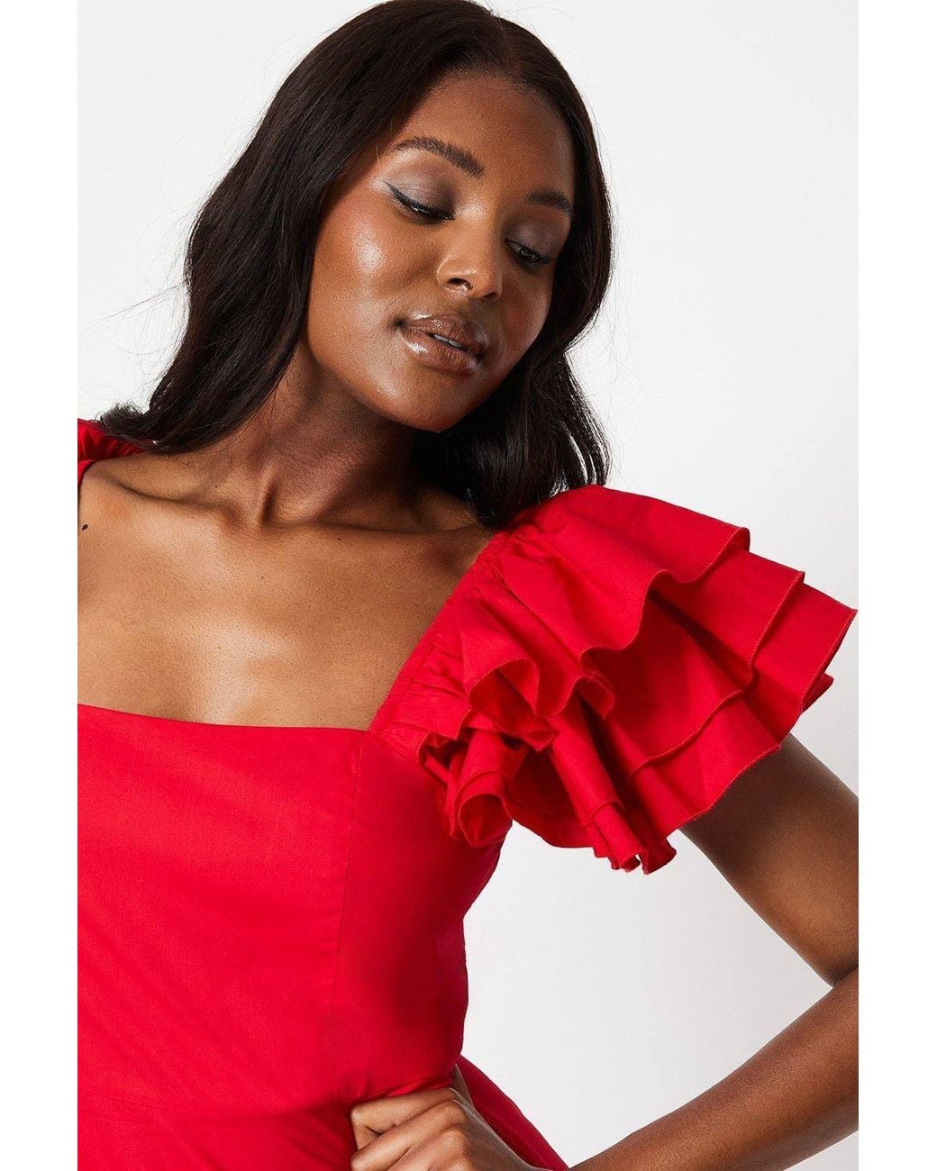 Coast Red Frill Sleeve Ruffle Skirt Cotton Midi Dress