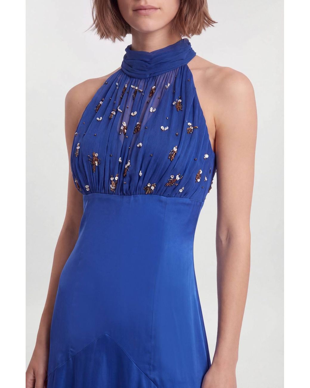 Karen Millen Blue Petite Crystal Halterneck Satin Maxi Gown Dress