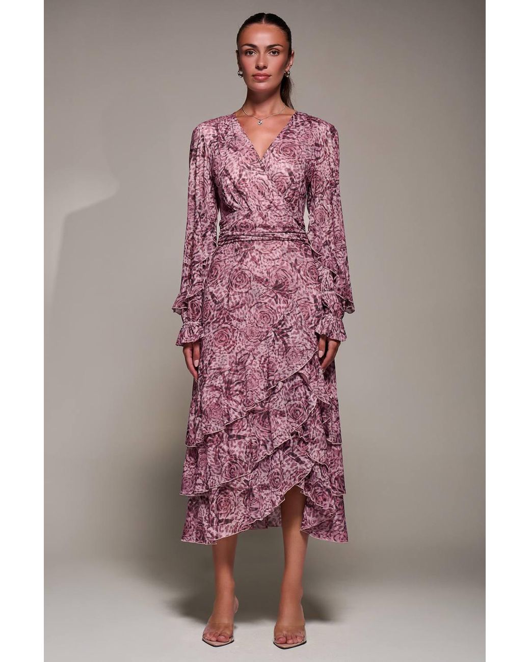 Jolie Moi Pink Long Sleeve Frill Detail Mesh Maxi Dress