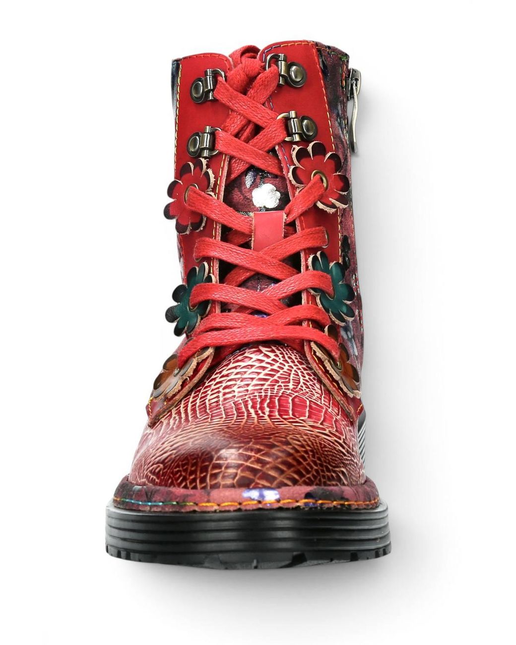 Infinity Leather Red Gothic Victorian Floral Leather Lace-Up Boots