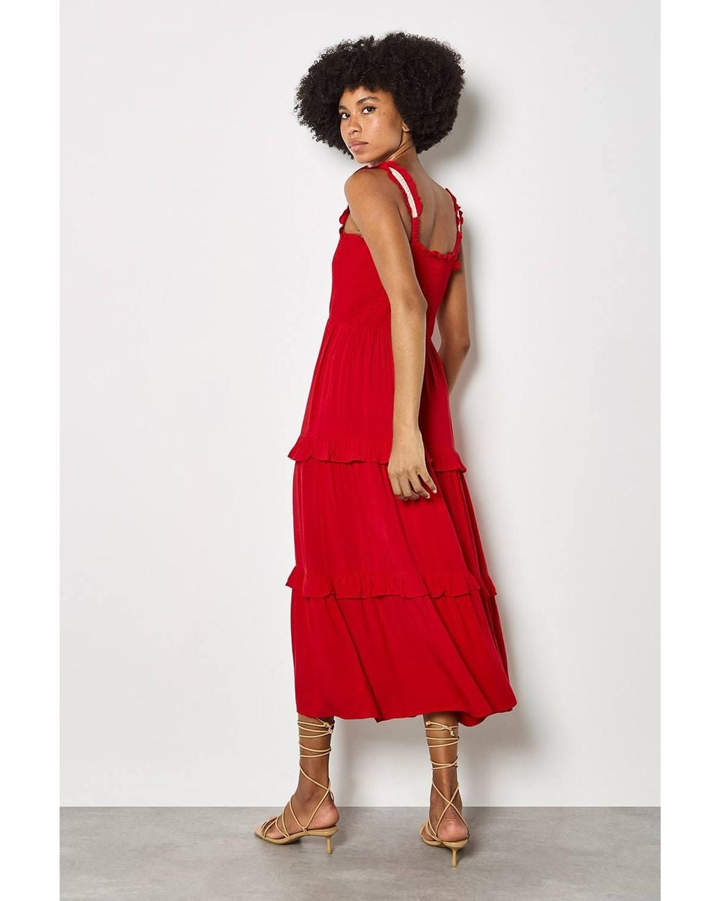 Apricot Tiered Lace Trim Midi Dress