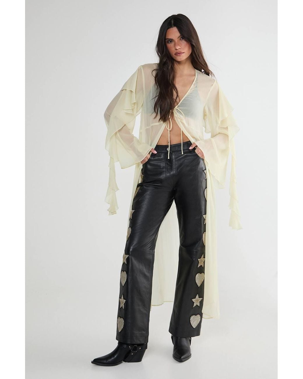 Nasty Gal Black Real Leather Star And Heart Patched Pants