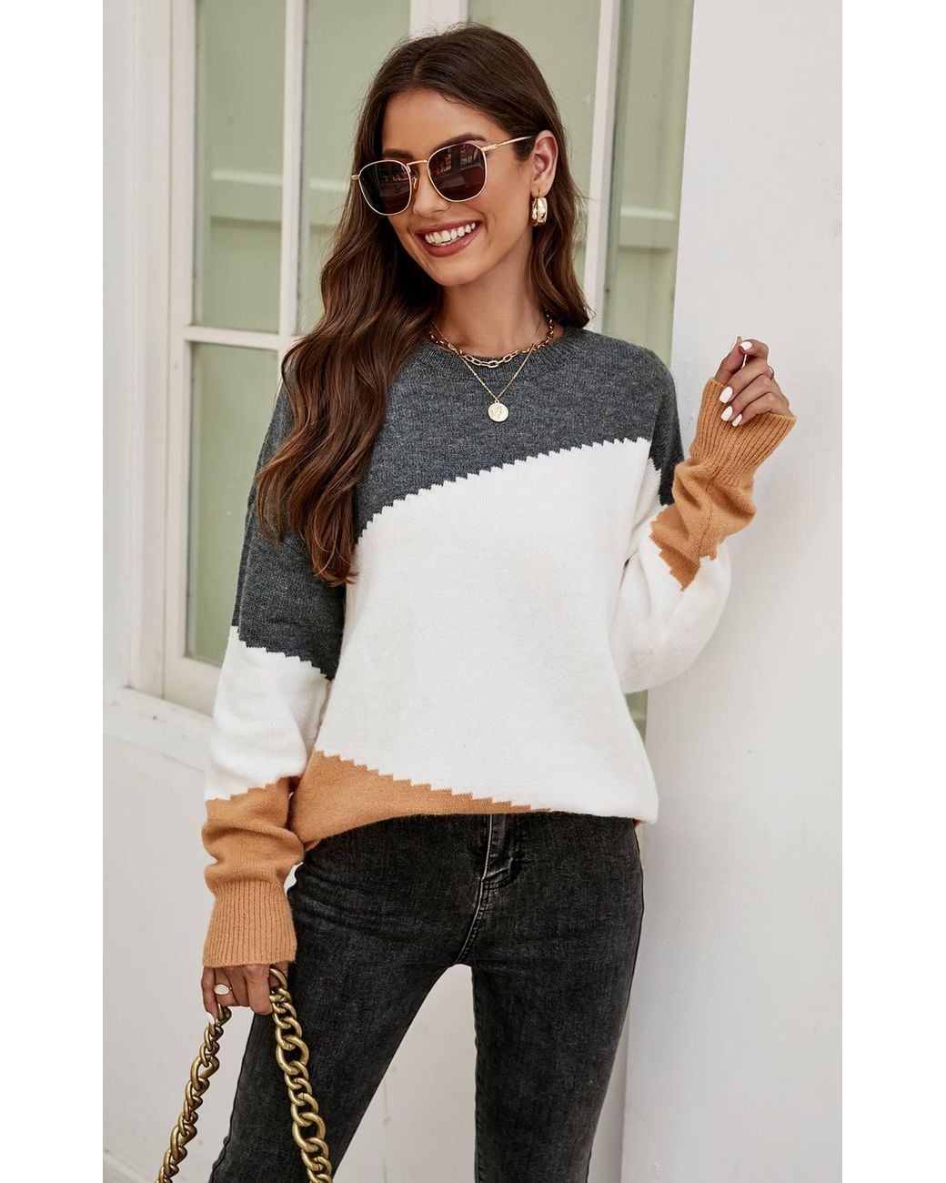 FS Collection White Camel Block Colour Jumper Top