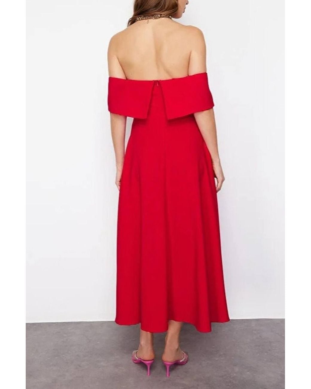 WOVCOR Red Off-Shoulder Midi Dress