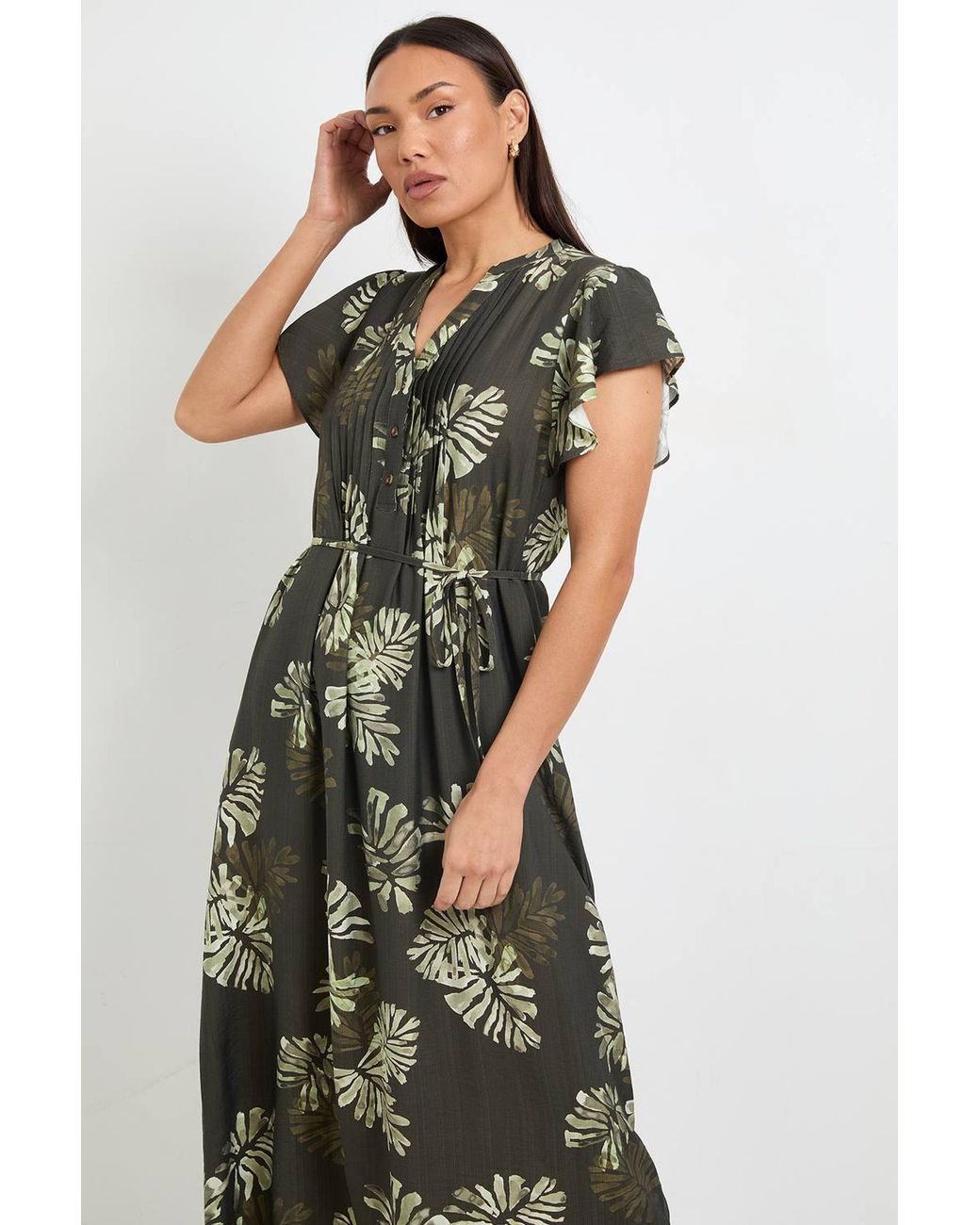 Wallis Green Palm Print Pintuck Maxi Dress