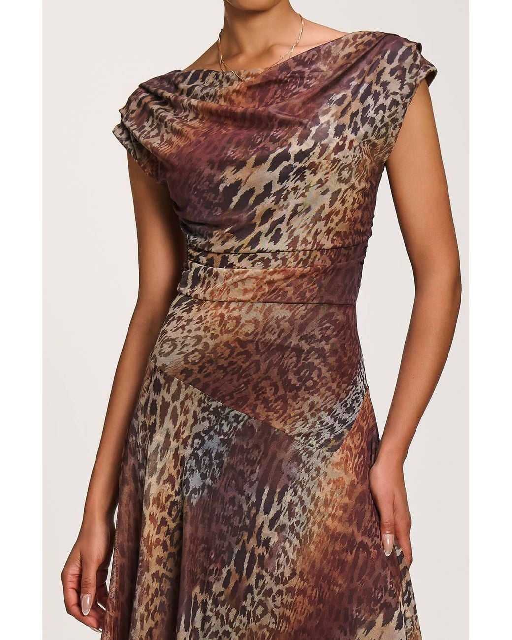 Jolie Moi Brown Asymmetrical Draped Mesh Maxi Dress