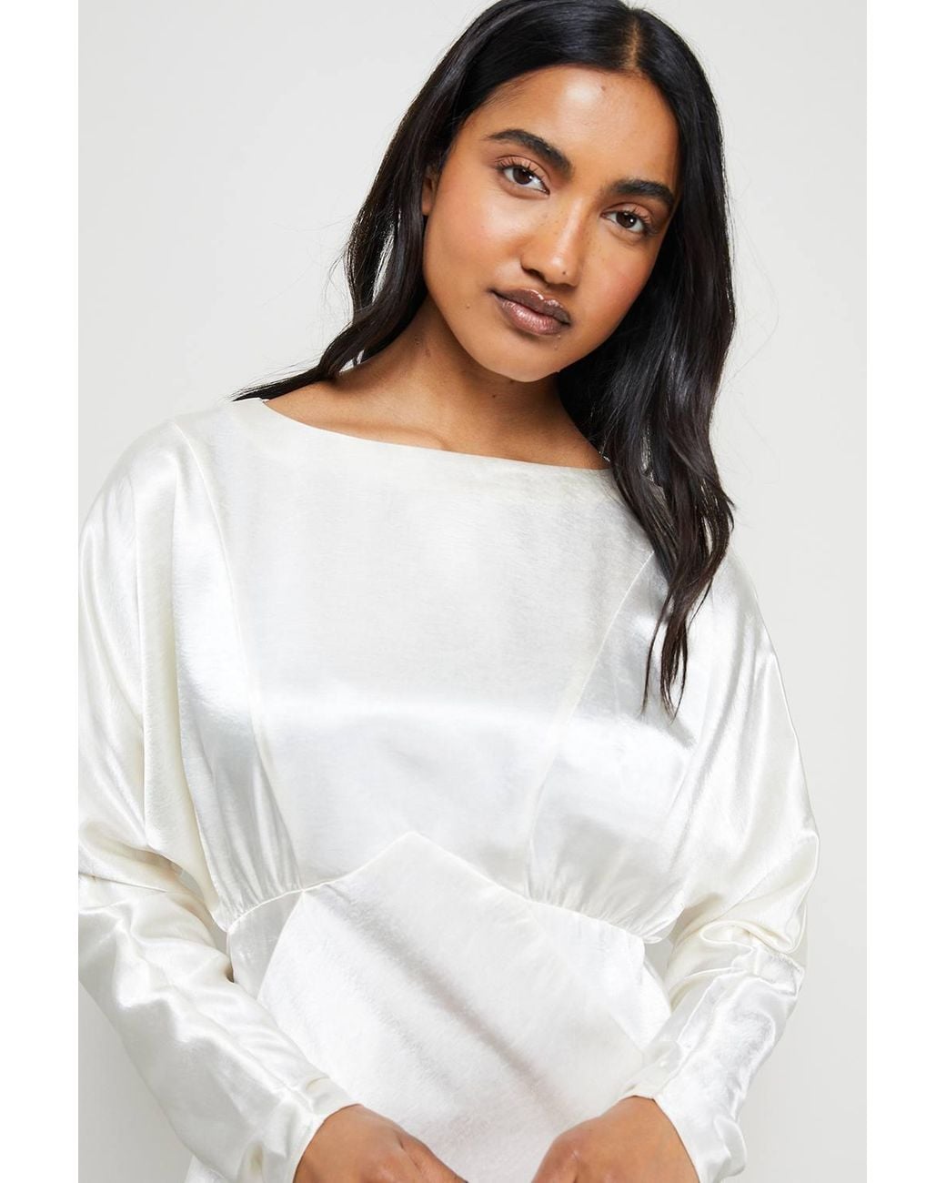 Warehouse White Satin Batwing Draped Midaxi