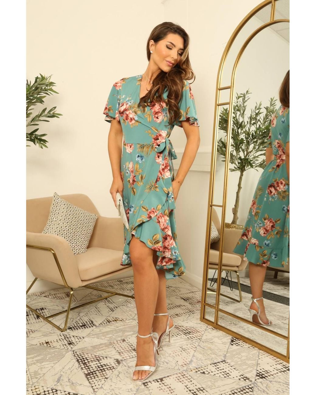 Double Second Blue Printed Frill Hem True Wrap Dress