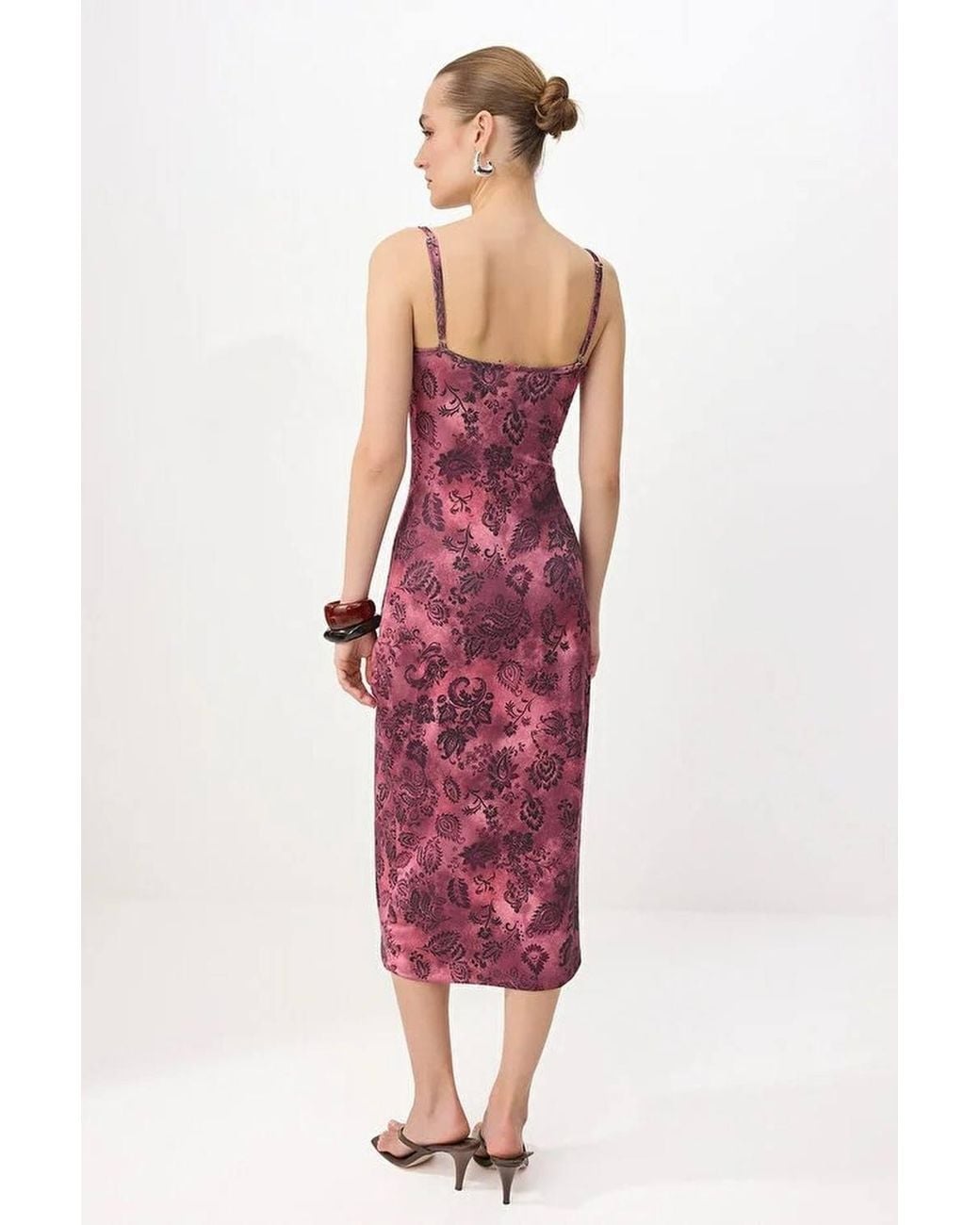 WOVCOR Red Floral Bodycon Square Neck Sleeveless Knitted Dress
