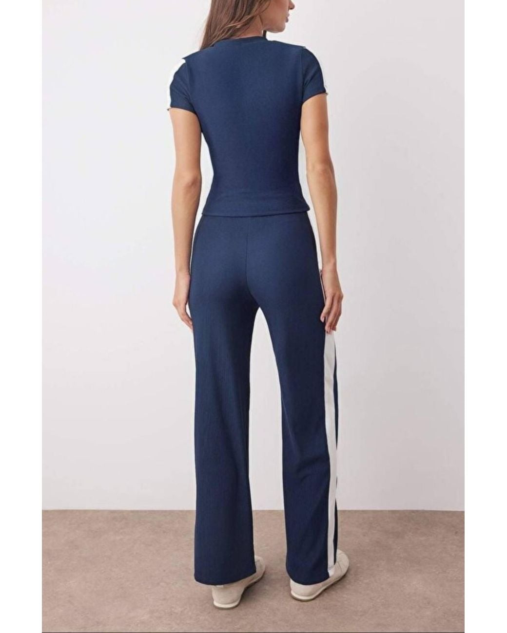 WOVCOR Blue 2-Piece Knit Blouse & Pants Set W/ Stripe Detail