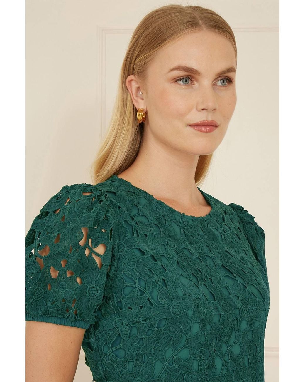 Yumi' Green Lace Skater Dress W/ Puff Sleeves