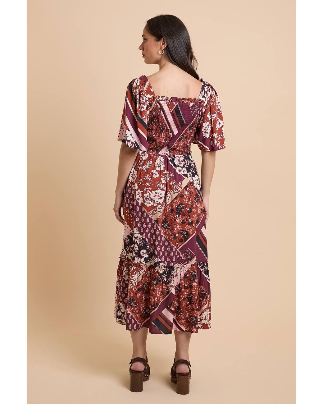 Dorothy Perkins Pink Patchwork Shirred Bodice Flutter Sleeve Midi Dress