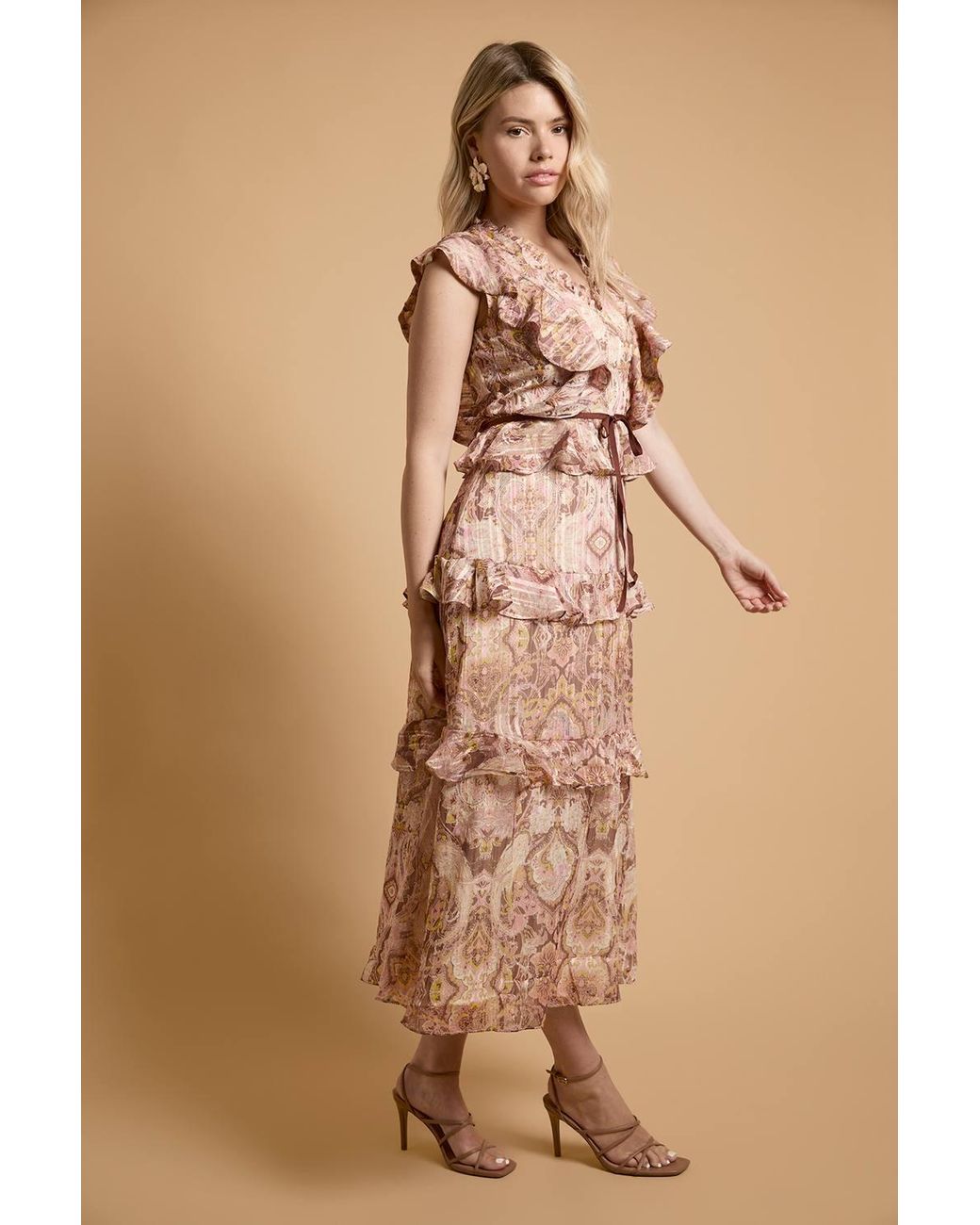Oasis Brown Stud Trim Frill Tiered Midaxi Dress
