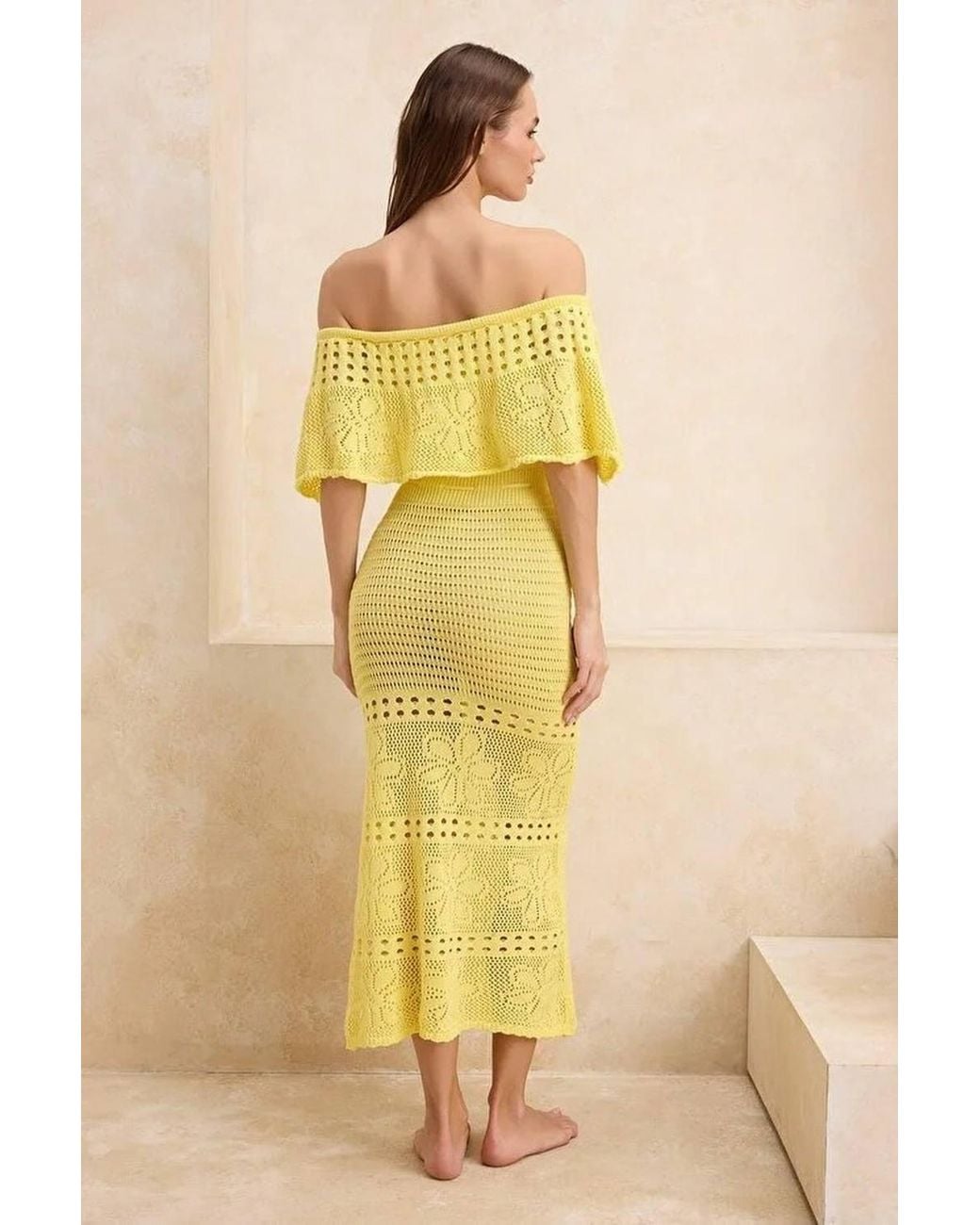 WOVCOR Yellow Knitted Bardot Maxi Beach Dress W/ Crochet Detail