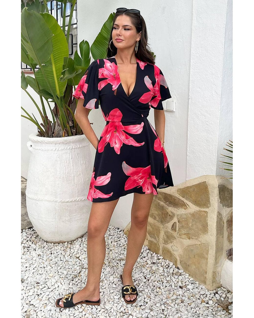 AX Paris Black Cerise Floral Print Wrap Top Skater Mini Dress
