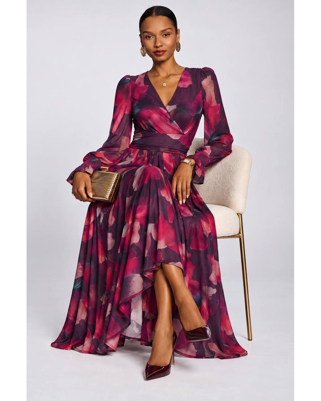 Jolie Moi Red Long Sleeve V Neck Mesh Maxi Dress