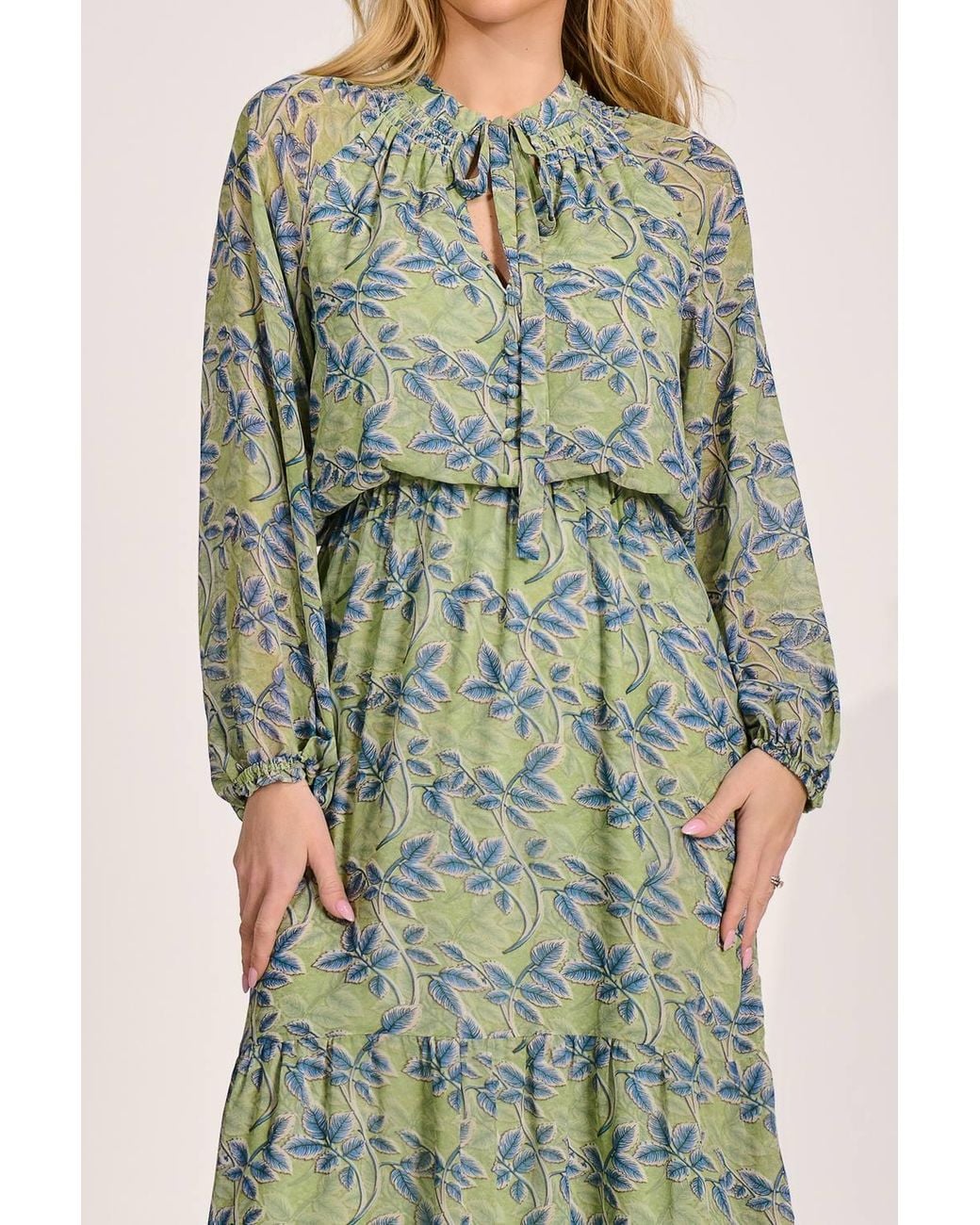 Jolie Moi Green Chiffon Long Sleeve Tiered Maxi Dress