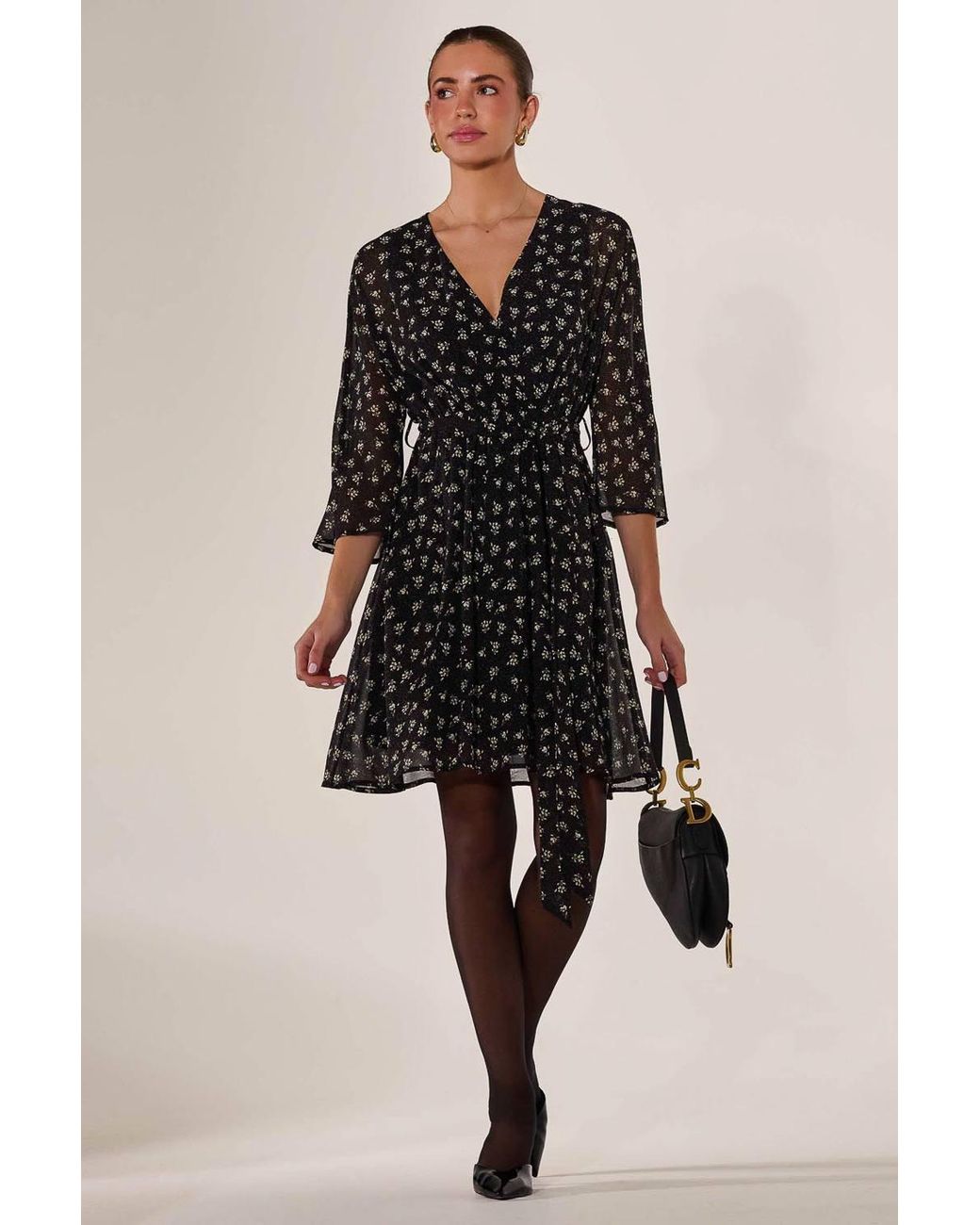 Jolie Moi Black Chiffon 3/4 Sleeve Mini Dress