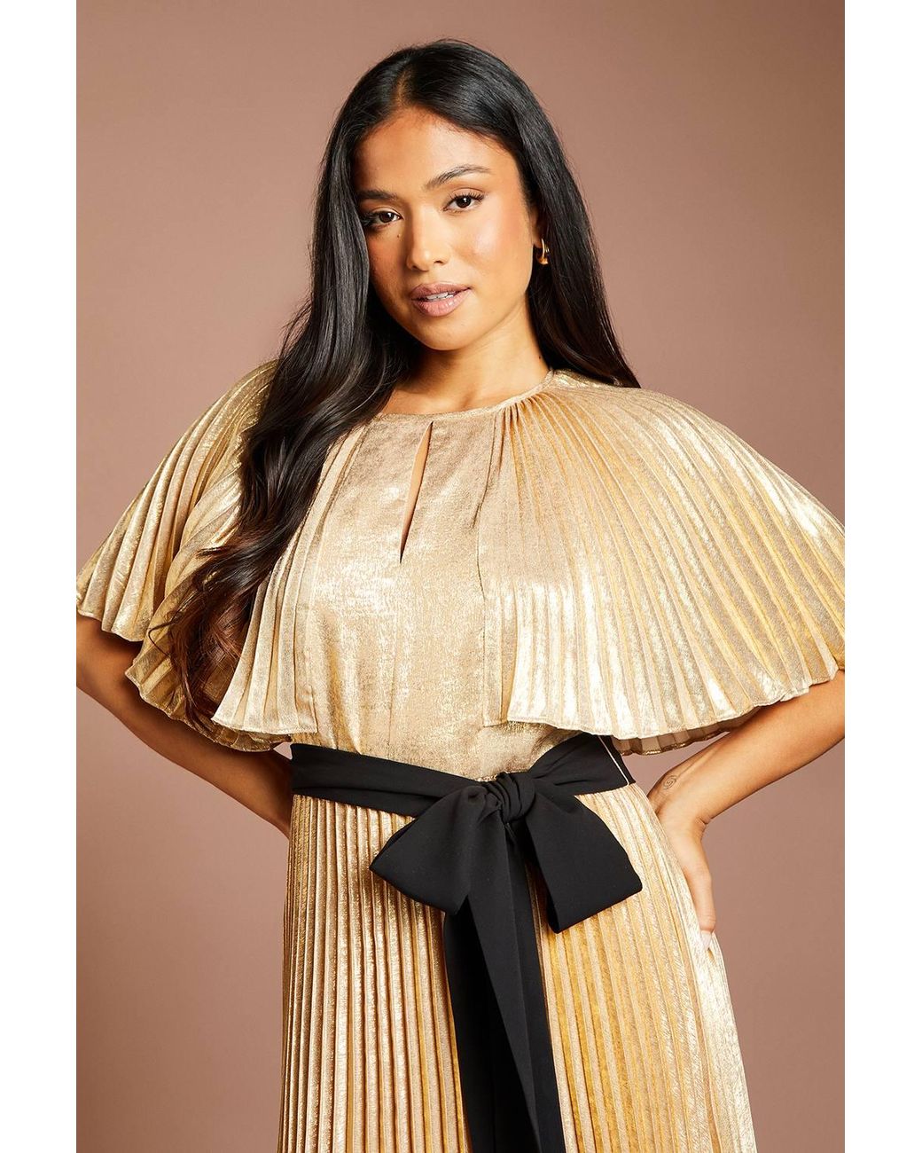 Coast Natural Petite Muse Pleated Cape Detail Metallic Maxi Dress W/ Tie