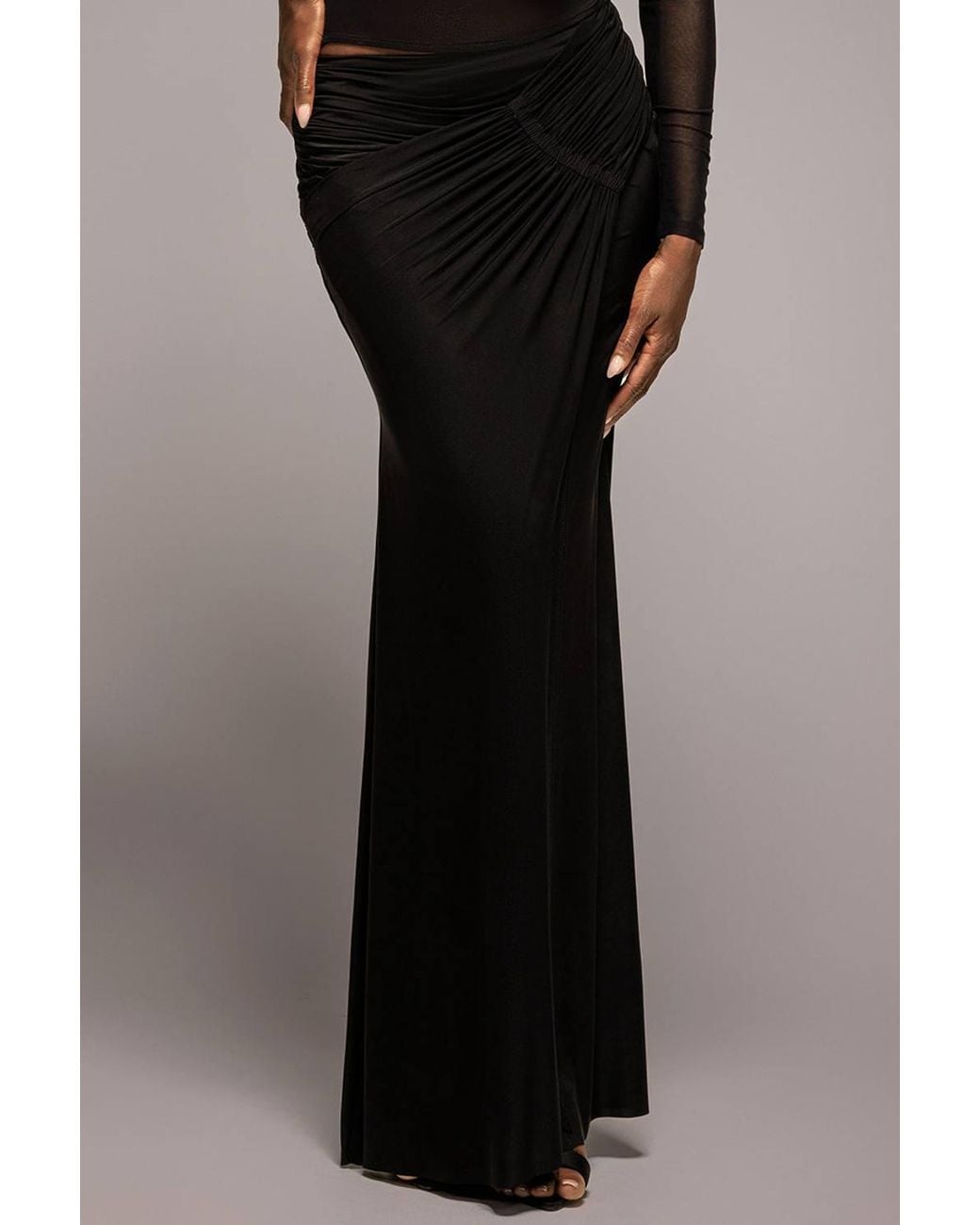Goddiva Black Asymmetric Gathered Front Split Maxi Skirt